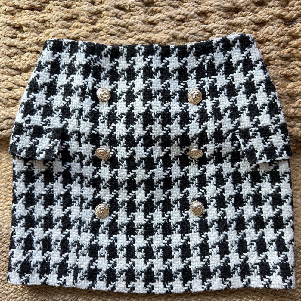 Pegasi Black and White Houndstooth Button-Front Mini Skirt XS